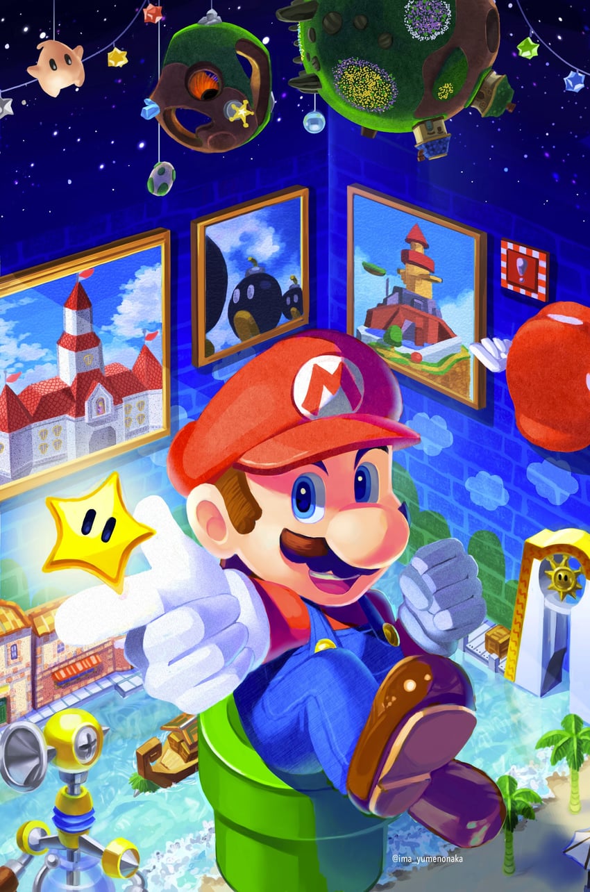 mario, luma, bob-omb, f.l.u.d.d., and baby luma (mario and 3 more) drawn by yuuma_rimi