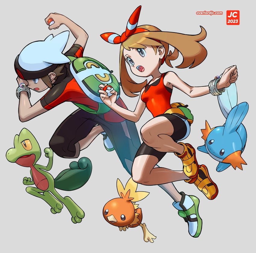 may, brendan, torchic, mudkip, and treecko (pokemon and 1 more) drawn by overlord_jc