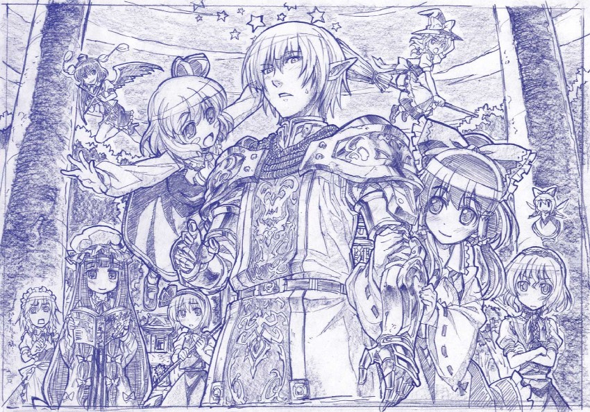 hakurei reimu, kirisame marisa, izayoi sakuya, konpaku youmu, alice margatroid, and 5 more (touhou and 3 more) drawn by sakino_shingetsu