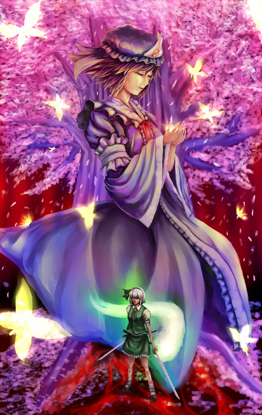 konpaku youmu, saigyouji yuyuko, and saigyou ayakashi (touhou) drawn by nemo_(marmeid331)