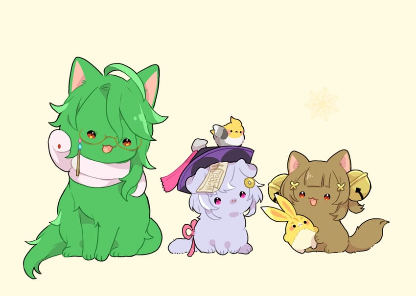 qiqi, yaoyao, yuegui, baizhu, and changsheng (genshin impact) drawn by nasuka_gee