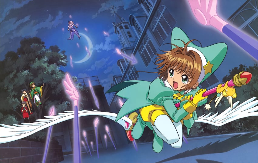 kinomoto sakura, kero, daidouji tomoyo, li syaoran, li meiling, and 1 more (cardcaptor sakura) drawn by takahashi_kumiko