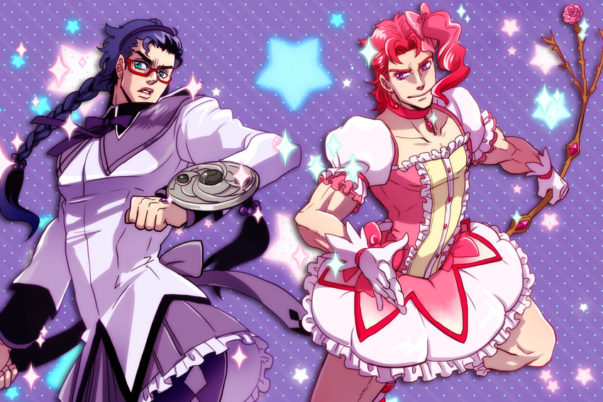 akemi homura, kaname madoka, kujo jotaro, and kakyoin noriaki (mahou shoujo madoka magica and 2 more) drawn by yuriko2755