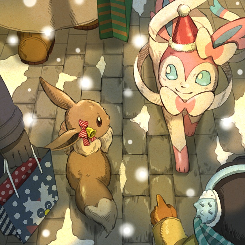 eevee, sylveon, snom, and delibird (pokemon) drawn by matsuri_(matsuike)