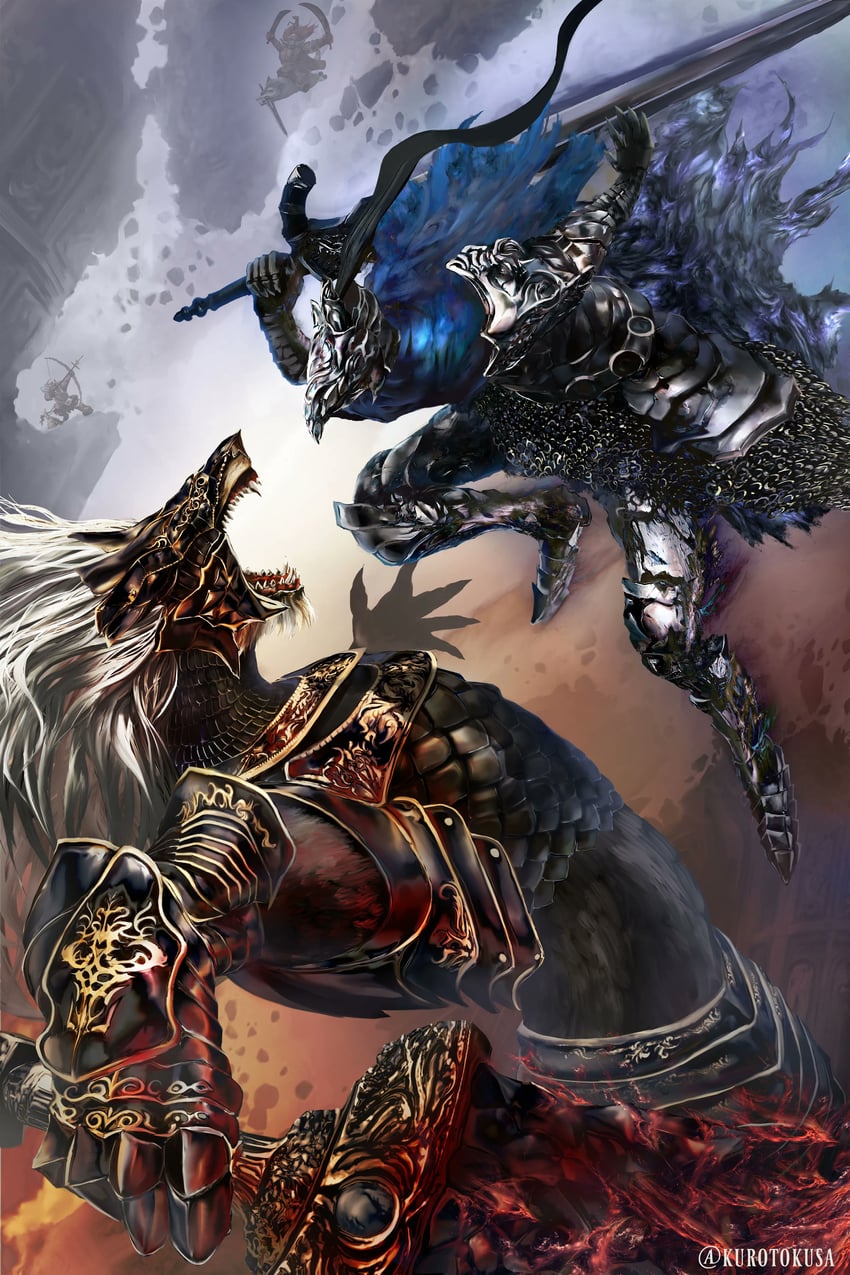 artorias the abysswalker, starscourge radahn, dragon slayer ornstein, great grey wolf sif, maliketh the black blade, and 1 more (elden ring and 3 more) drawn by kurotokusa