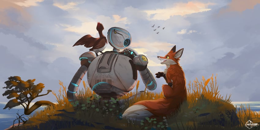 rozzum unit 7134, brightbill, and fink (the wild robot) drawn by auveiss