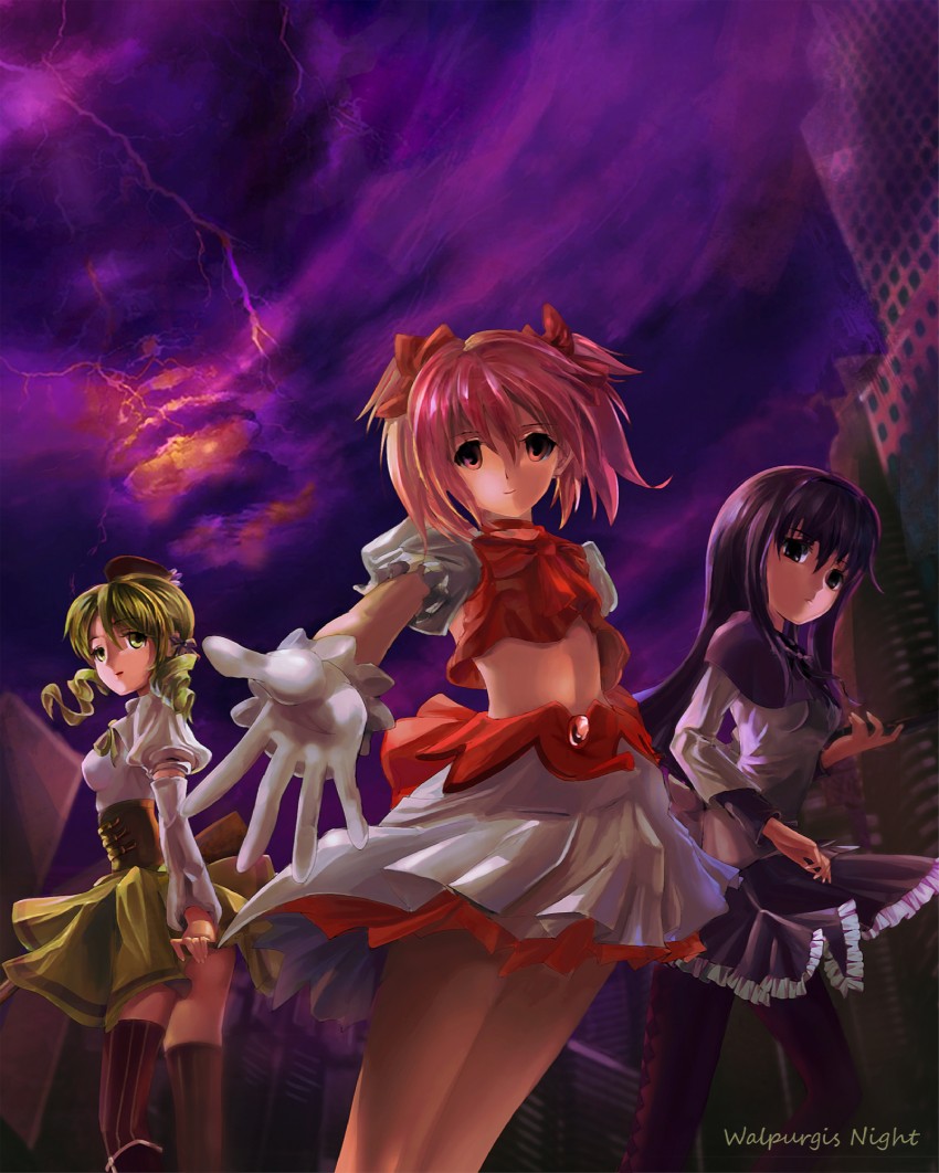 akemi homura, kaname madoka, and tomoe mami (mahou shoujo madoka magica) drawn by ushas