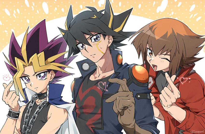 yuki judai, fudo yusei, and yami yugi (yu-gi-oh! and 3 more) drawn by lunapont