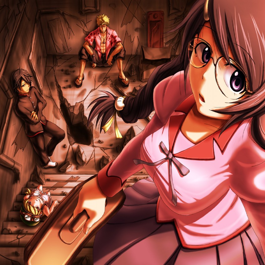 oshino shinobu, hanekawa tsubasa, araragi koyomi, and oshino meme (monogatari and 2 more) drawn by guchiota_field