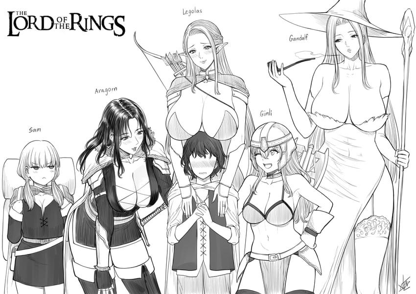 legolas, gandalf, frodo baggins, aragorn, samwise gamgee, and 1 more (tolkien's legendarium and 1 more) drawn by xter