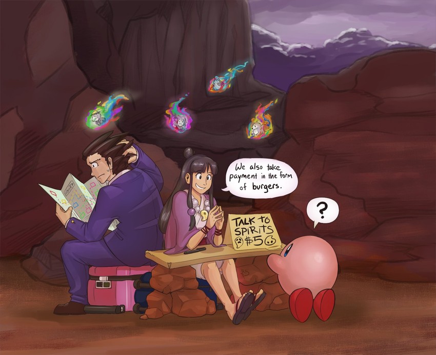 kirby, phoenix wright, and maya fey (kirby and 2 more) drawn by risingsunfish