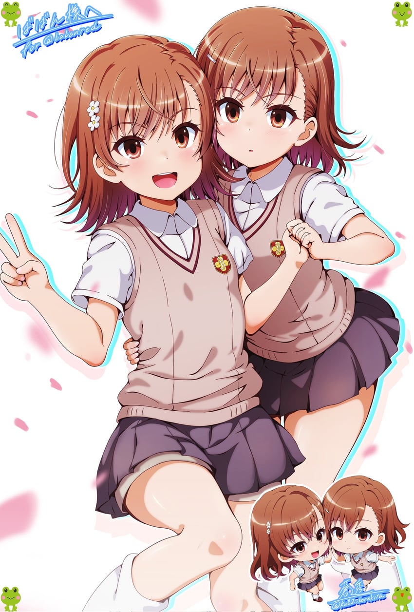 misaka mikoto, gekota, and misaka imouto (toaru majutsu no index and 1 more) drawn by kanmiya_shinobu