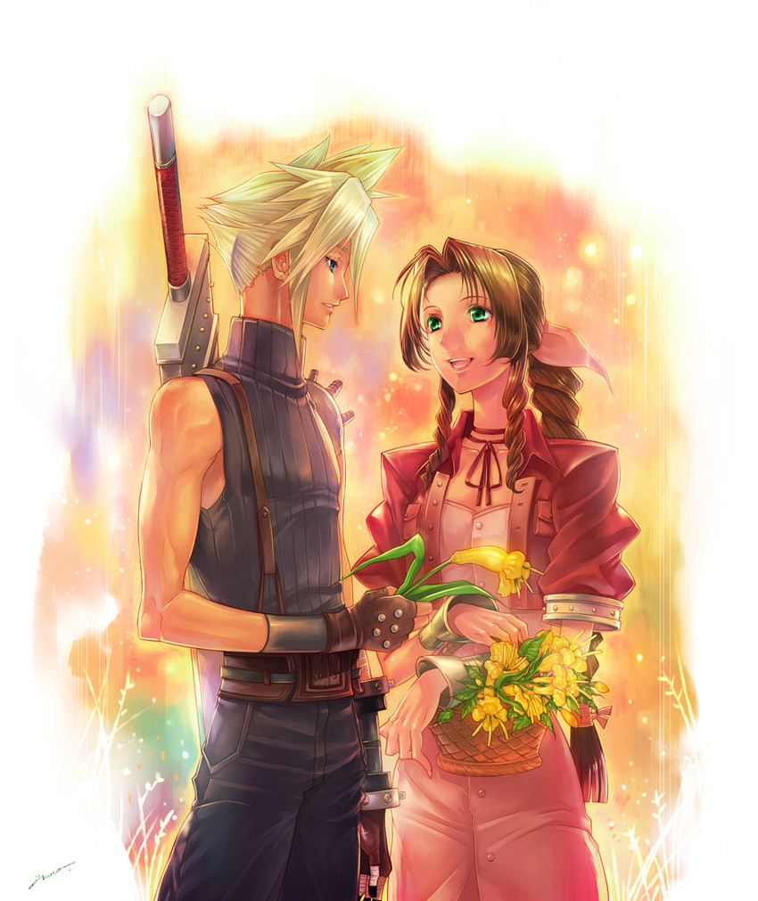 cloud strife and aerith gainsborough (final fantasy and 1 more) drawn by amao_miyuki