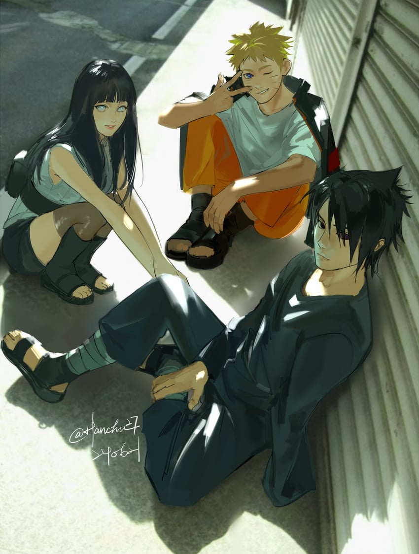 uzumaki naruto, hyuuga hinata, and uchiha sasuke (naruto) drawn by hanchu27