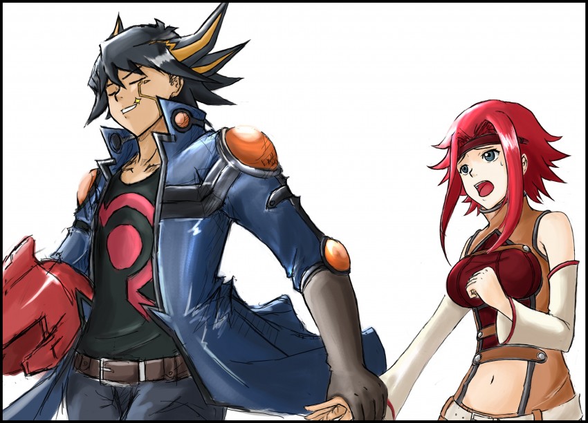 kallen stadtfeld and fudou yuusei (yu-gi-oh! and 2 more) drawn by g.e.cat