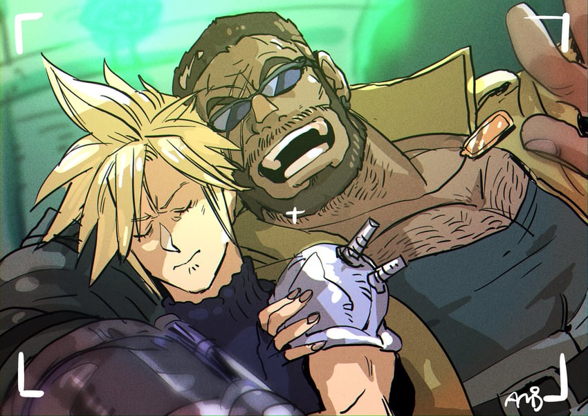 cloud strife and barret wallace (final fantasy and 2 more) drawn by amu_(omoro3bot)
