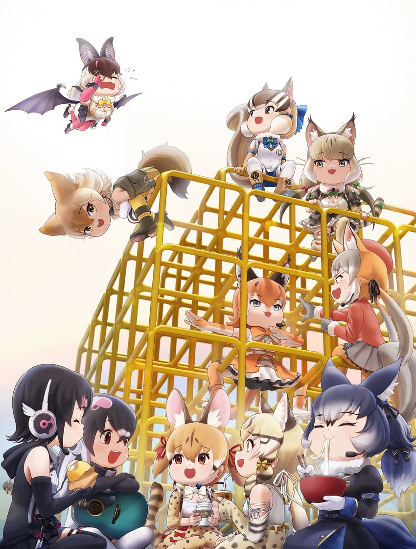 island fox, humboldt penguin, caracal, brown long-eared bat, coyote, and 6 more (kemono friends and 1 more) drawn by beleven