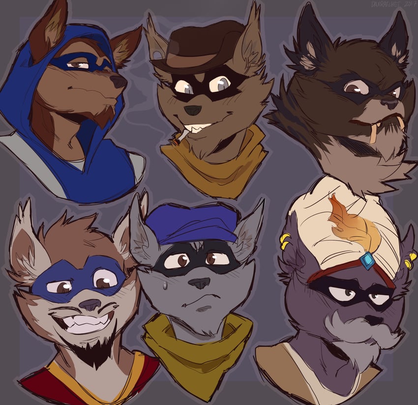 sly cooper, tennessee kid cooper, rioichi cooper, bob cooper, salim al kupar, and 1 more (sly cooper) drawn by daxratchet