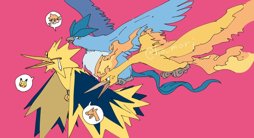 pikachu, misty, charizard, articuno, zapdos, and 1 more (pokemon) drawn by harurie