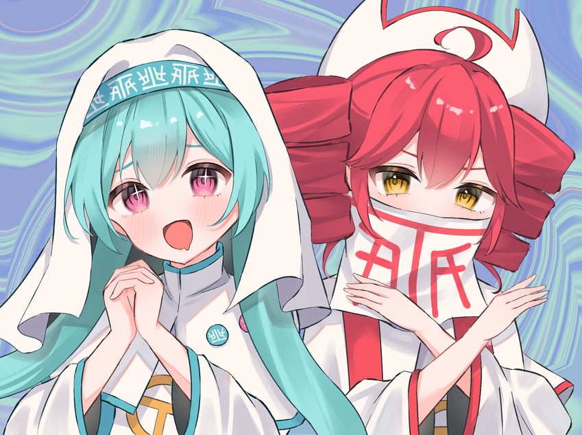 hatsune miku and kasane teto (vocaloid and 2 more) drawn by mokoinu_(pixiv_27216243)