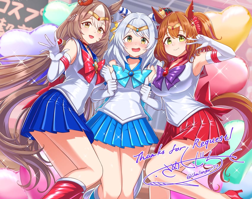 sailor moon, sailor mercury, sailor mars, hishi miracle, aston machan, and 1 more (umamusume and 1 more) drawn by same_kujira_(challenger_310)