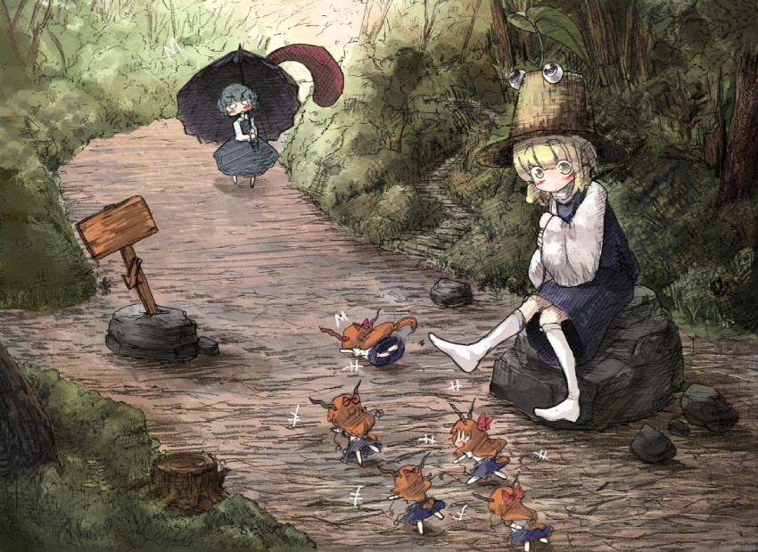 moriya suwako, tatara kogasa, and ibuki suika (touhou) drawn by daruia_(sabitare)