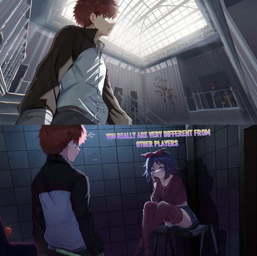 emiya shirou, mita, crazy mita, and short-haired mita (fate and 2 more) drawn by shokobr