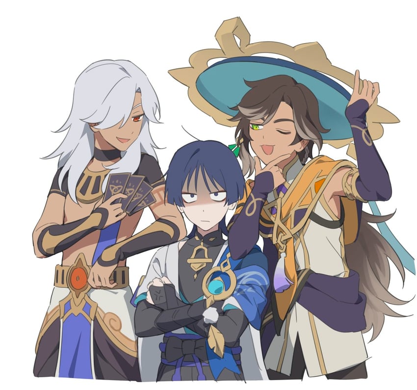 scaramouche, wanderer, cyno, and sethos (genshin impact) drawn by angduuuu_(ghost)