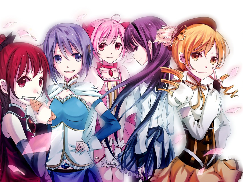 akemi homura, kaname madoka, miki sayaka, sakura kyoko, and tomoe mami (mahou shoujo madoka magica) drawn by lethe_wakako