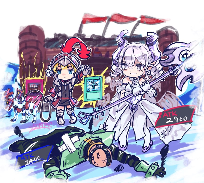 lovely labrynth of the silver castle, knight, jinzo, monster reborn, royal decree, and 1 more (yu-gi-oh!) drawn by 250en_remon