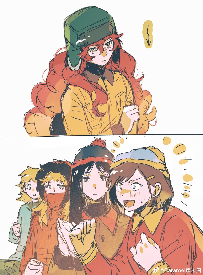 stan marsh, kenny mccormick, kyle broflovski, eric cartman, and butters stotch (south park) drawn by caramel_jiaomitang