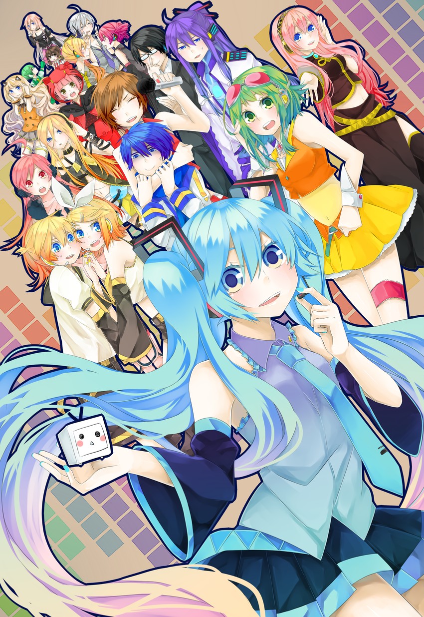 hatsune miku, kagamine rin, kagamine len, megurine luka, kasane teto, and 14 more (vocaloid and 2 more) drawn by pineapple_(a30930s)