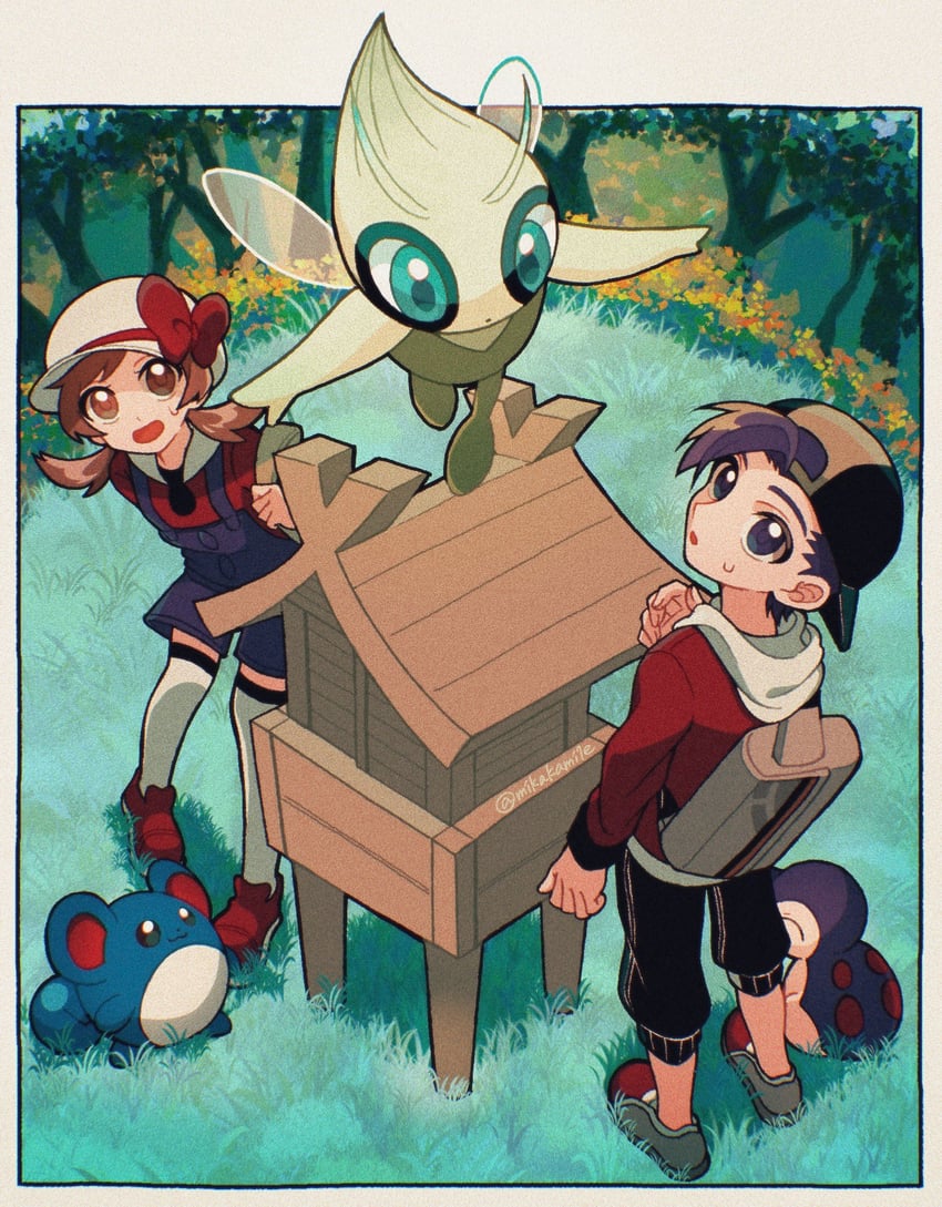 ethan, lyra, cyndaquil, celebi, and marill (pokemon and 1 more) drawn by mikakami1e