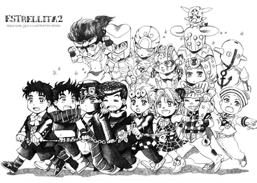 joseph joestar, kujo jotaro, kujo jolyne, giorno giovanna, jonathan joestar, and 11 more (jojo no kimyou na bouken and 8 more) drawn by bud_(korovsme)