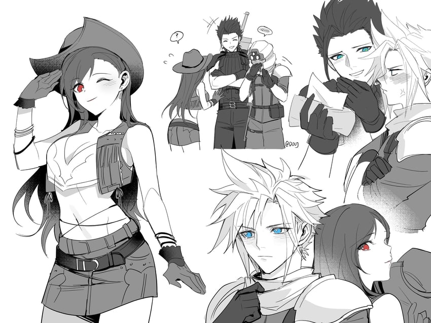 tifa lockhart, cloud strife, and zack fair (final fantasy and 3 more) drawn by duoj_ji