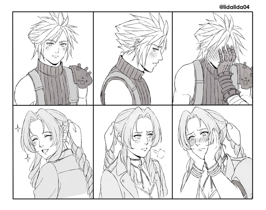 cloud strife and aerith gainsborough (final fantasy and 2 more) drawn by lida_(lidalida04)