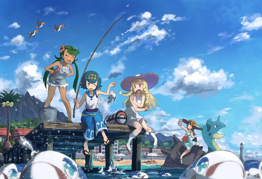 lillie, lana, mallow, lapras, wishiwashi, and 3 more (pokemon and 1 more) drawn by ari_hinoko