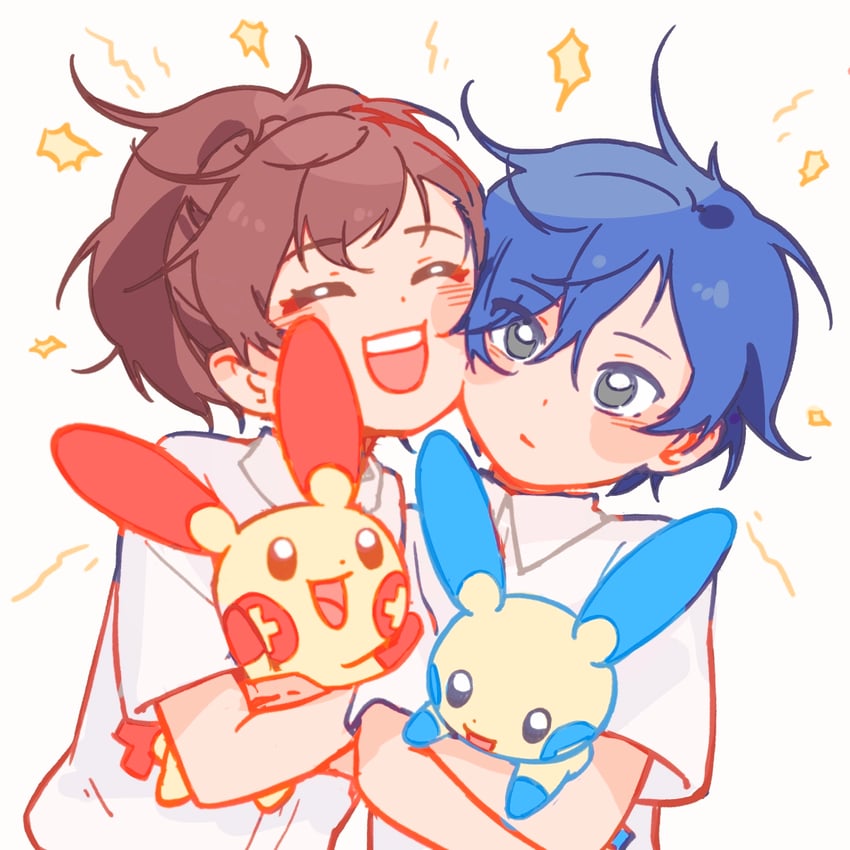 yuuki makoto, shiomi kotone, minun, and plusle (pokemon and 3 more) drawn by mico_(mico808)