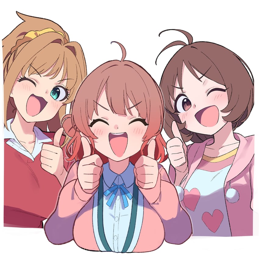 hanami ume, hino akane, and hidaka ai (idolmaster and 4 more) drawn by sutora_binsuke