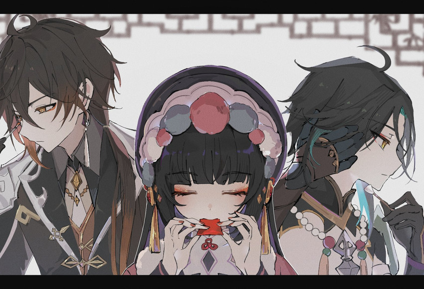 zhongli, xiao, and yun jin (genshin impact) drawn by yue_(shemika98425261)