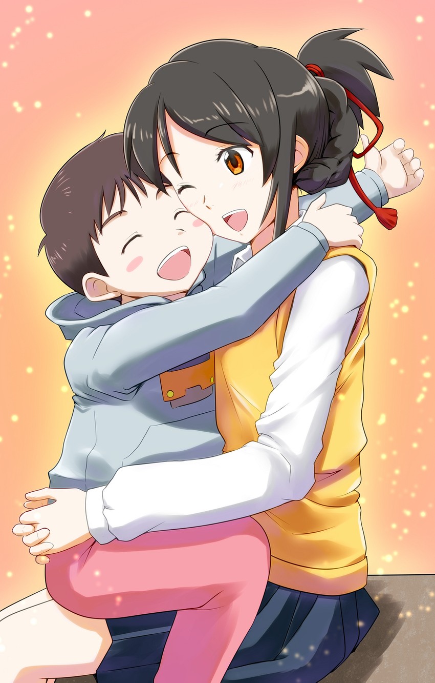 miyamizu mitsuha, oota kun, kamishiraishi mone, and kamishiraishi moka (kimi no na wa. and 1 more) drawn by hosobozo_(user_jtzh8832)