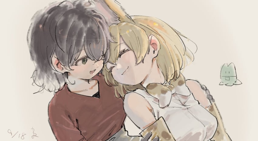 serval, kaban, and lucky beast (kemono friends) drawn by wamawmwm