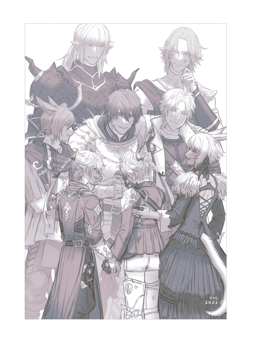 warrior of light, y'shtola rhul, g'raha tia, adventurer, alisaie leveilleur, and 4 more (final fantasy and 1 more) drawn by yil
