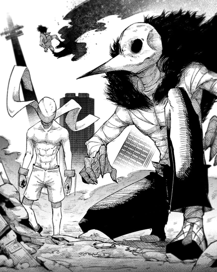 kurohara tokio, higashi azuma, otta ely, bestial choujin, and smoke choujin (choujin x) drawn by gamousyno