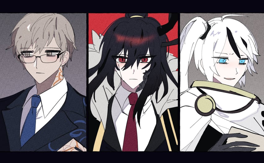 yan vismok, xiao, and philip (project moon and 1 more) drawn by cosmichorror