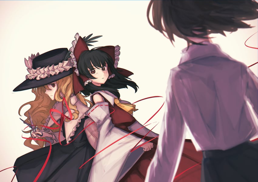 hakurei reimu, usami renko, and jacket girl (touhou) drawn by uzumibi