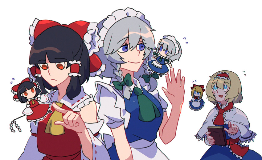 hakurei reimu, izayoi sakuya, alice margatroid, and shanghai doll (touhou) drawn by iganashi1