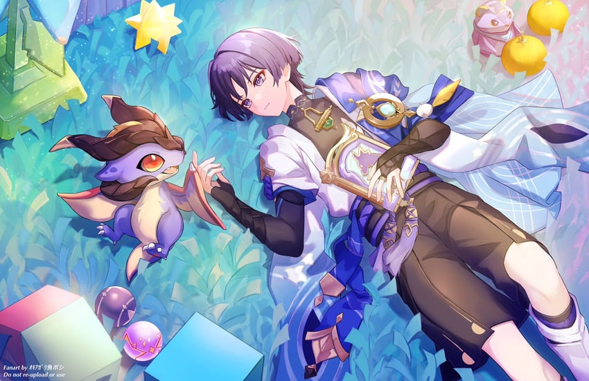 scaramouche, wanderer, and mini durin (genshin impact) drawn by okkobc
