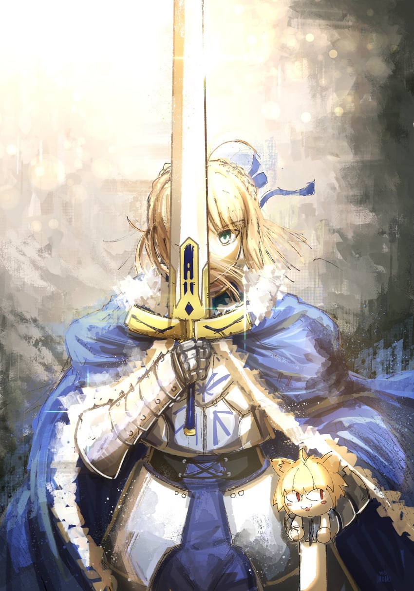 artoria pendragon, saber, and neco-arc (fate and 5 more) drawn by ononotsu