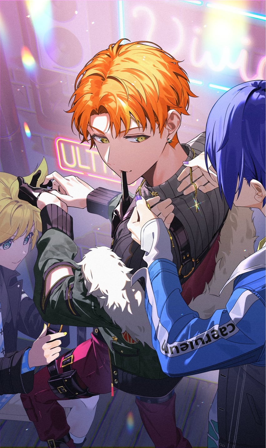 kagamine len, kaito, shinonome akito, vivid bad squad kaito, and vivid bad squad len (vocaloid and 1 more) drawn by hanada_09